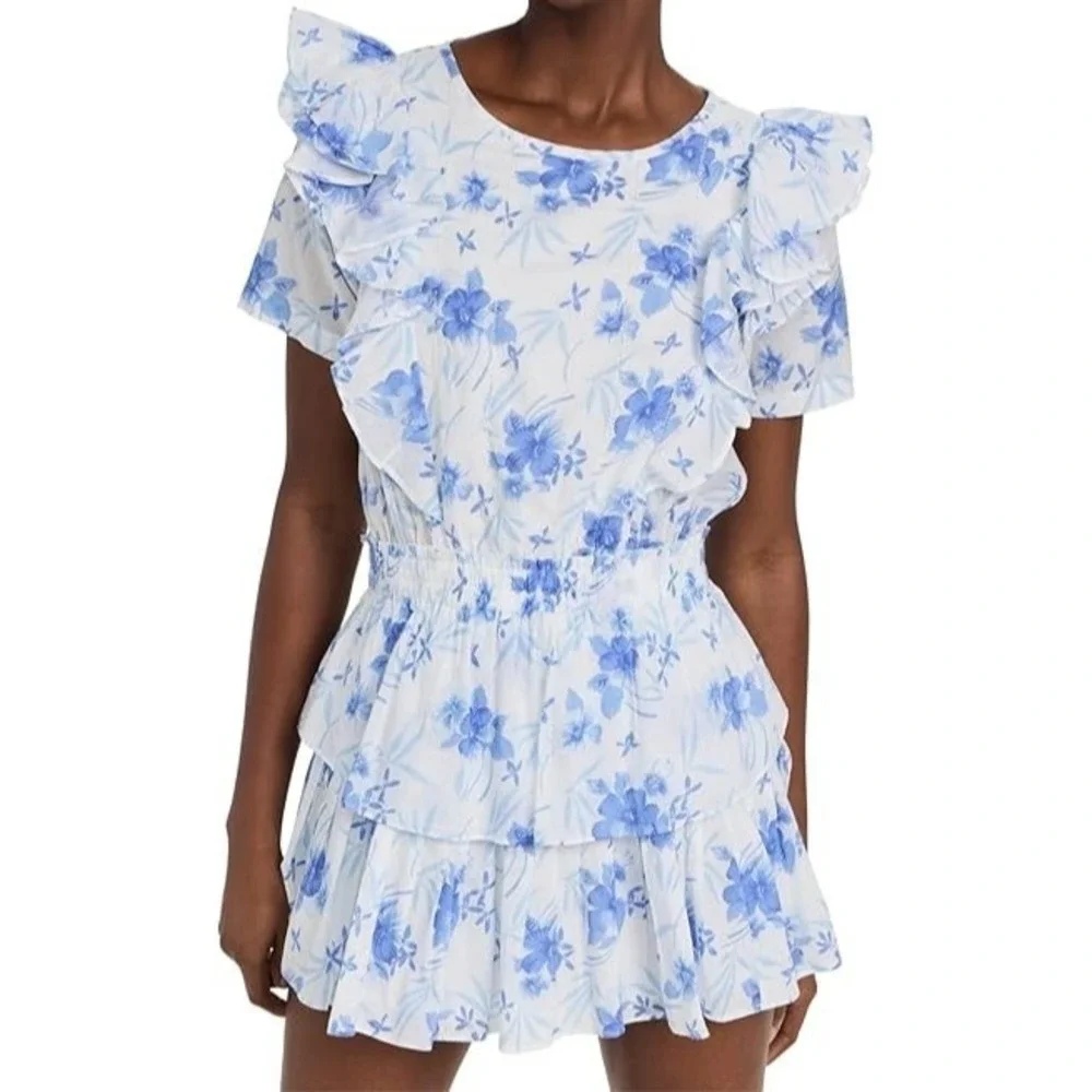 LoveShackFancy Womens XL Floral Mini Dress Blue White Ruffle Cotton